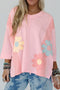 Mixed Daisy Applique Exposed Seam Oversized V Neck Top